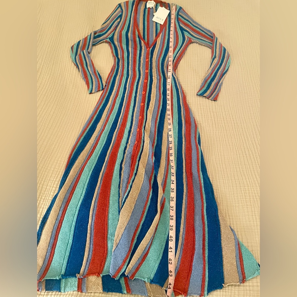 ๐ NWT Misa Los Angeles Rafael Striped, Metallic Long Sleeve Midi Dress. Medium. - Picture 4 of 7
